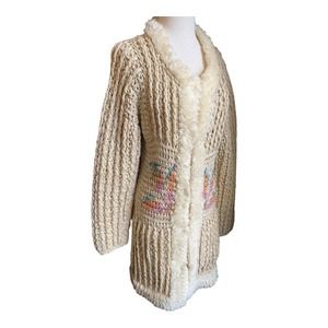 Junior Accent Hand Knit Thick Cozy Sweater Jacket Unique Sherpa Trim Size Large